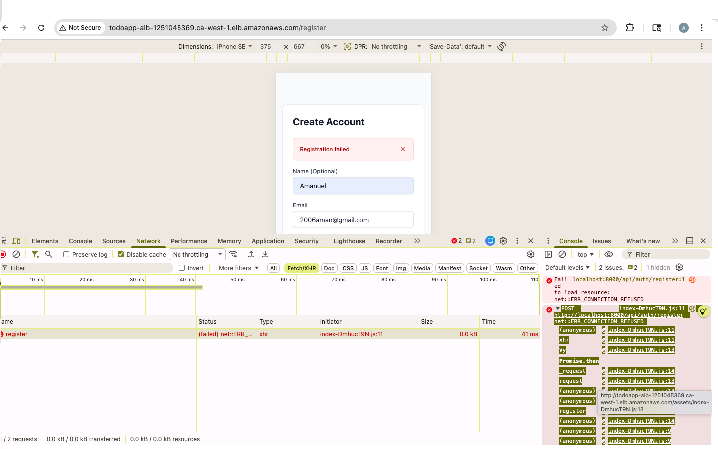 Browser DevTools Network tab showing a POST request to localhost:8000 from the production frontend